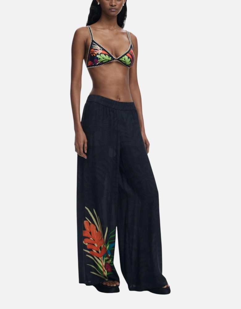 Floral Pattern Viscose Trousers with Front Pockets Women - Black