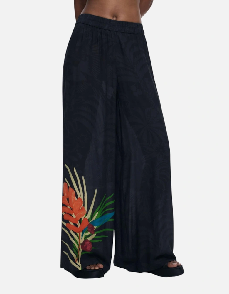 Floral Pattern Viscose Trousers with Front Pockets Women - Black