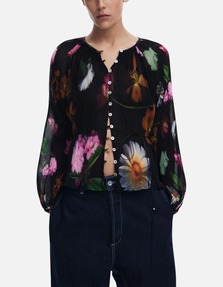 Floral Pattern Long Sleeve Button-Up Blouse Women - Black