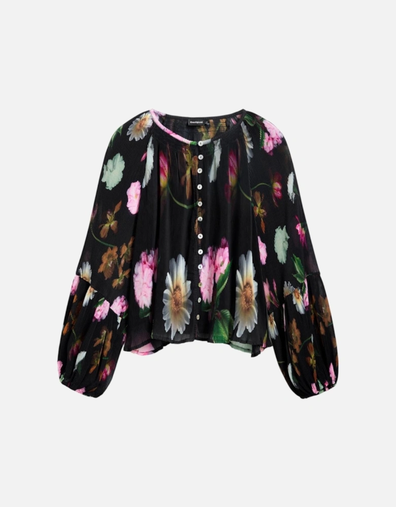 Floral Pattern Long Sleeve Button-Up Blouse Women - Black