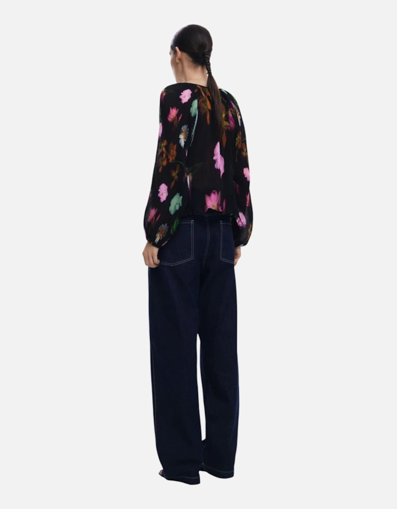Floral Pattern Long Sleeve Button-Up Blouse Women - Black