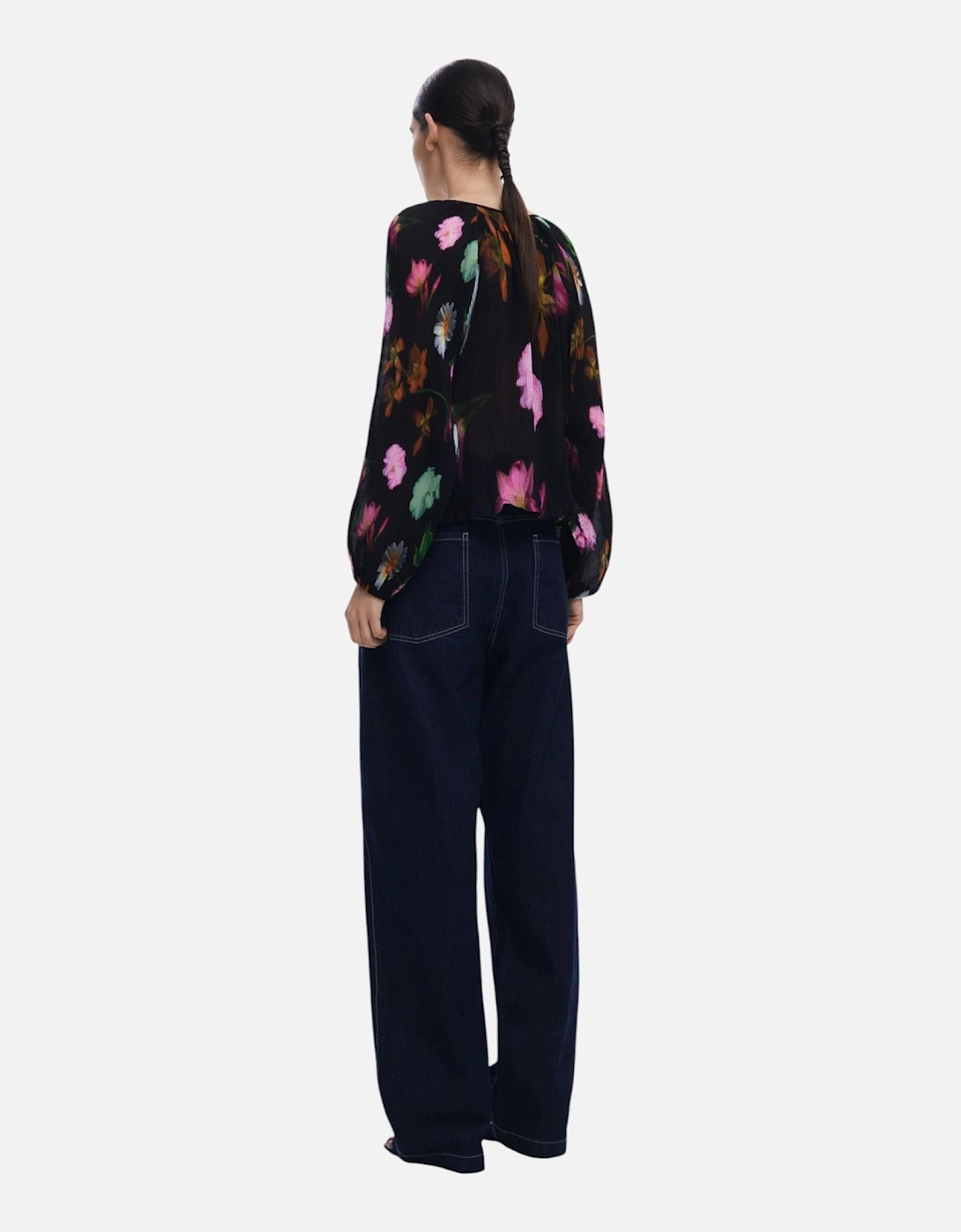 Floral Pattern Long Sleeve Button-Up Blouse Women - Black