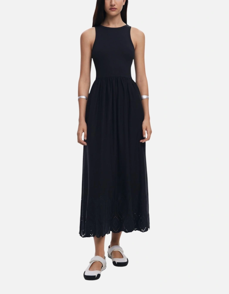 Strappy Cotton Blend Dress with Round Neck Women - Black Dresses