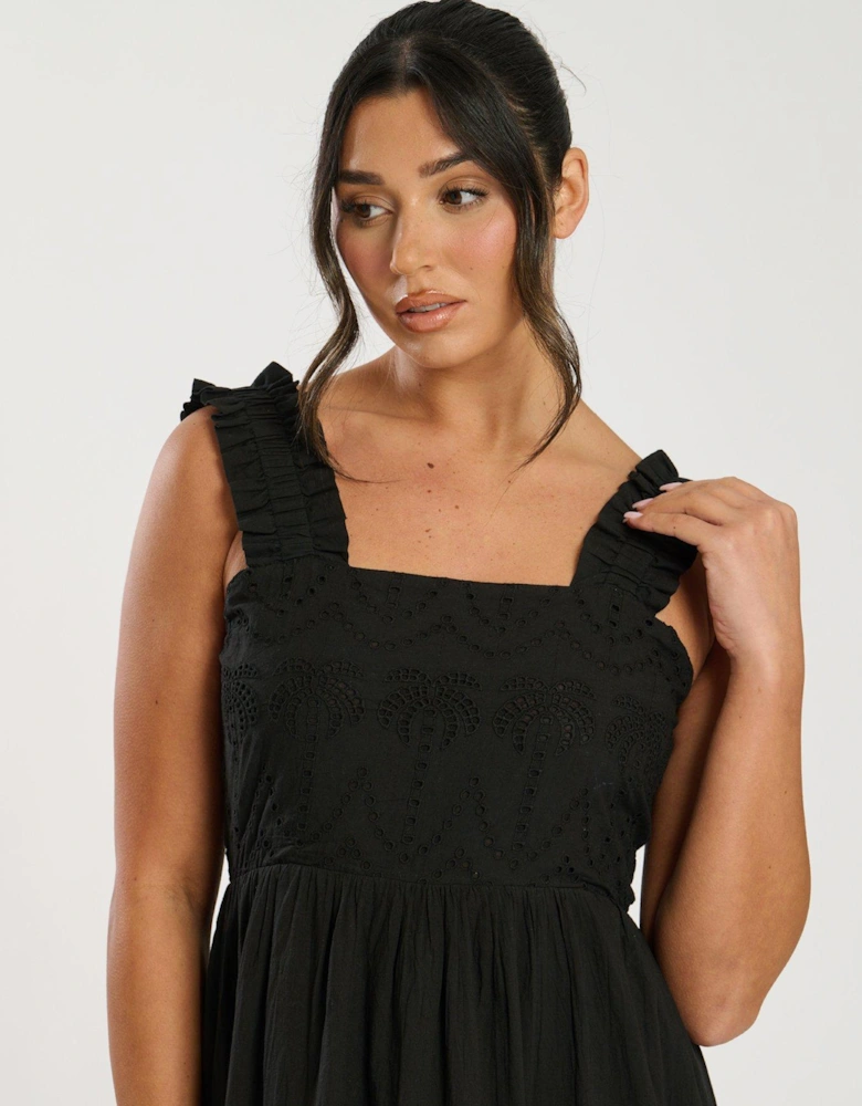 Palm Broderie Tie Back Maxi Dress - Black