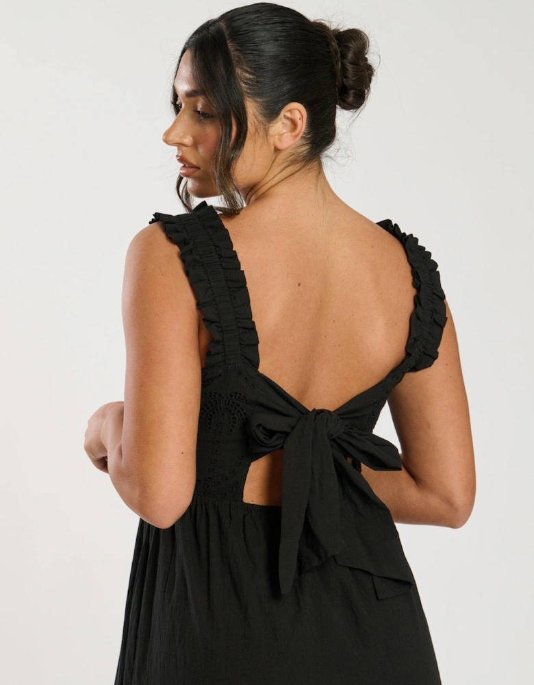 Palm Broderie Tie Back Maxi Dress - Black