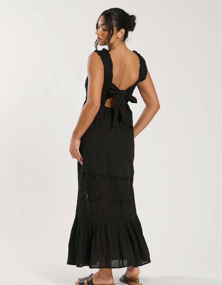 Palm Broderie Tie Back Maxi Dress - Black