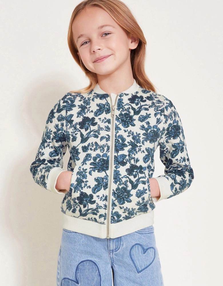Girls Floral Quilted Bomber Jacket - White