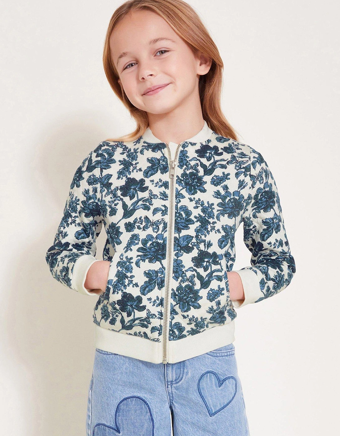 Girls Floral Quilted Bomber Jacket - White, 2 of 1