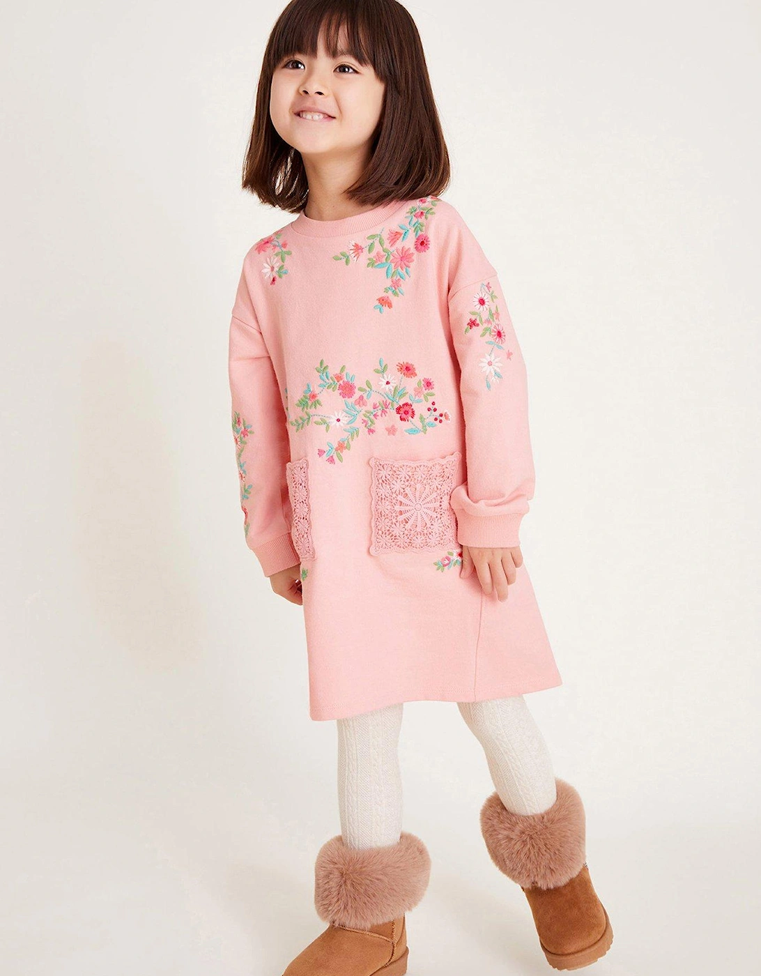Girls Floral Embroidered Sweatshirt Dress - Pink, 2 of 1
