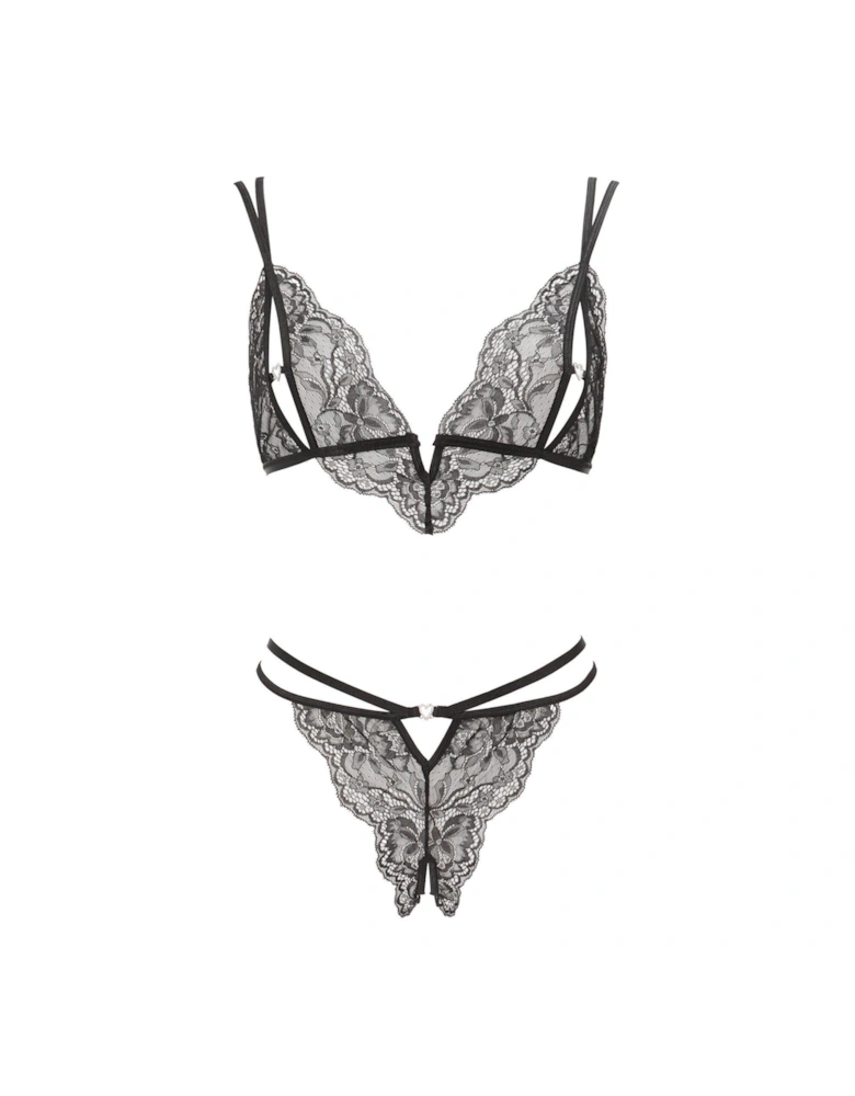 Diamond Heart Crotchless Set - Black