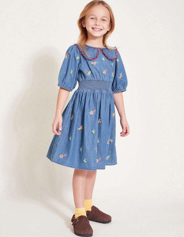 Girls Floral Embroidered Chambray Dress - Blue