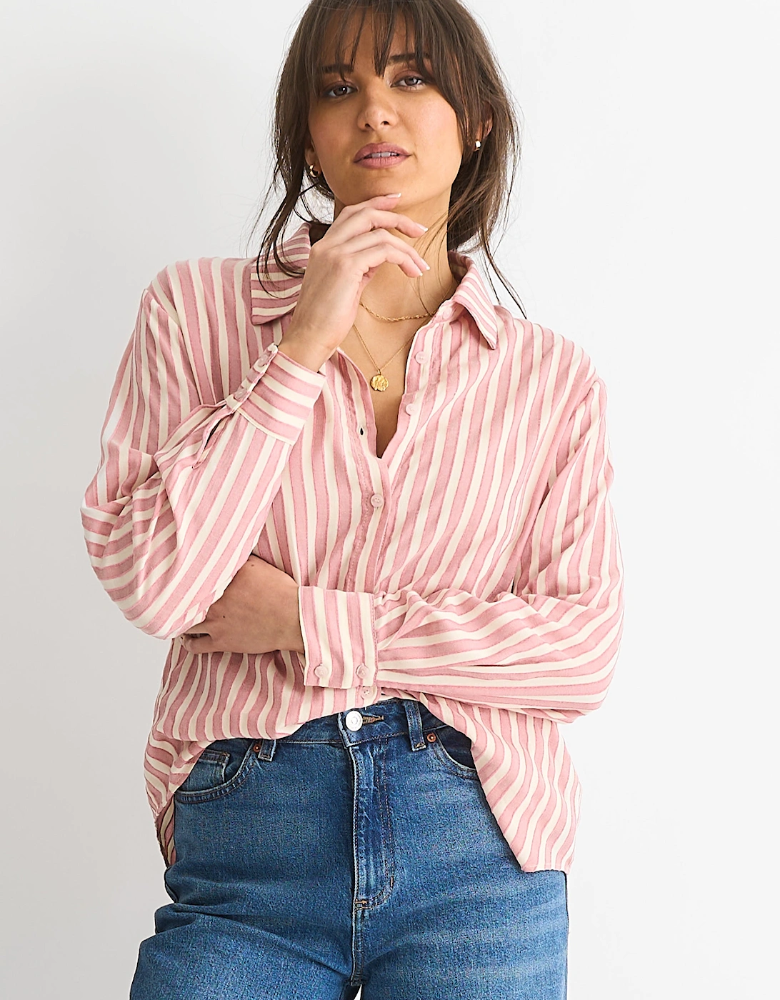Gini London Women's Blush Stripe Viscose Oversized Shirt - Pink - Size: 8/10