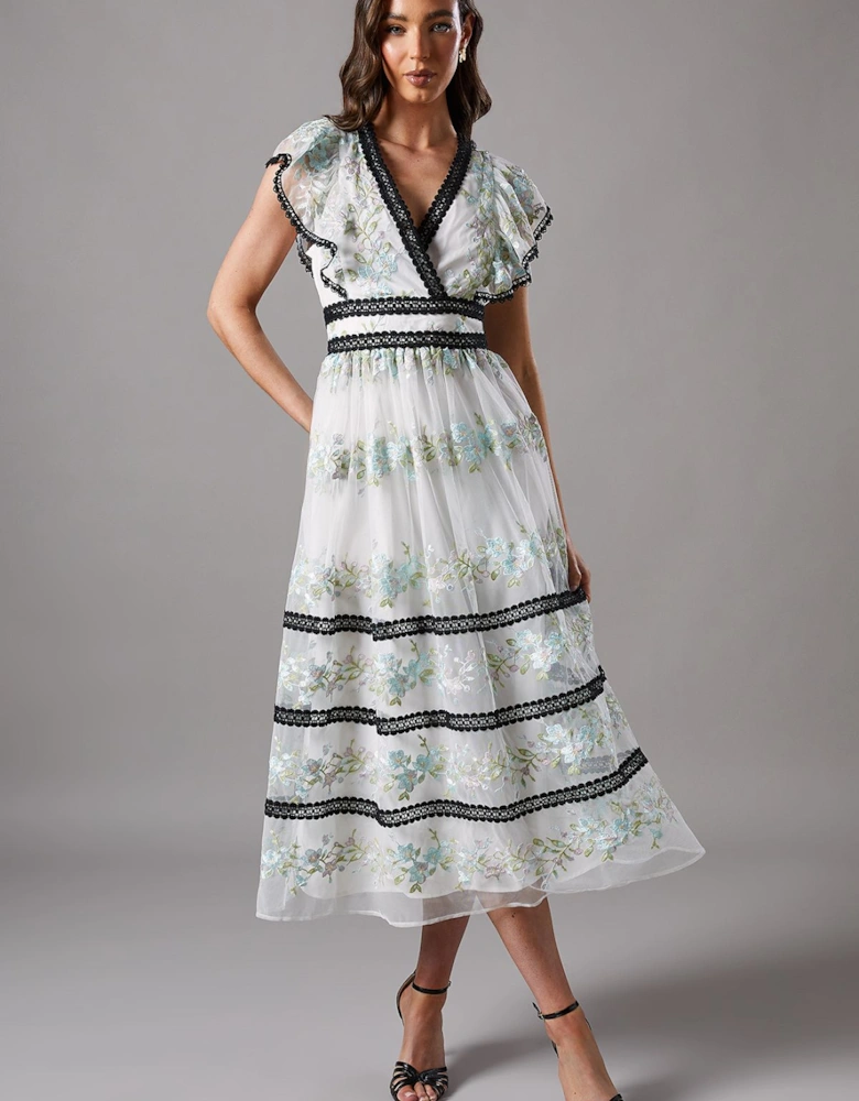 Floral Embroidered Chiffon Dress With Lace Trims