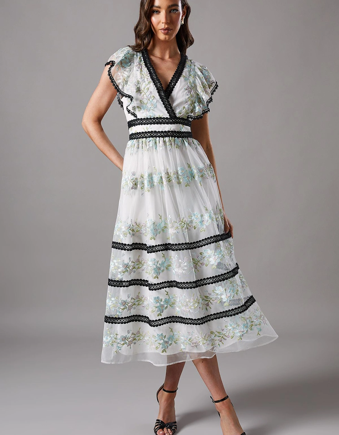 Floral Embroidered Chiffon Dress With Lace Trims, 2 of 1