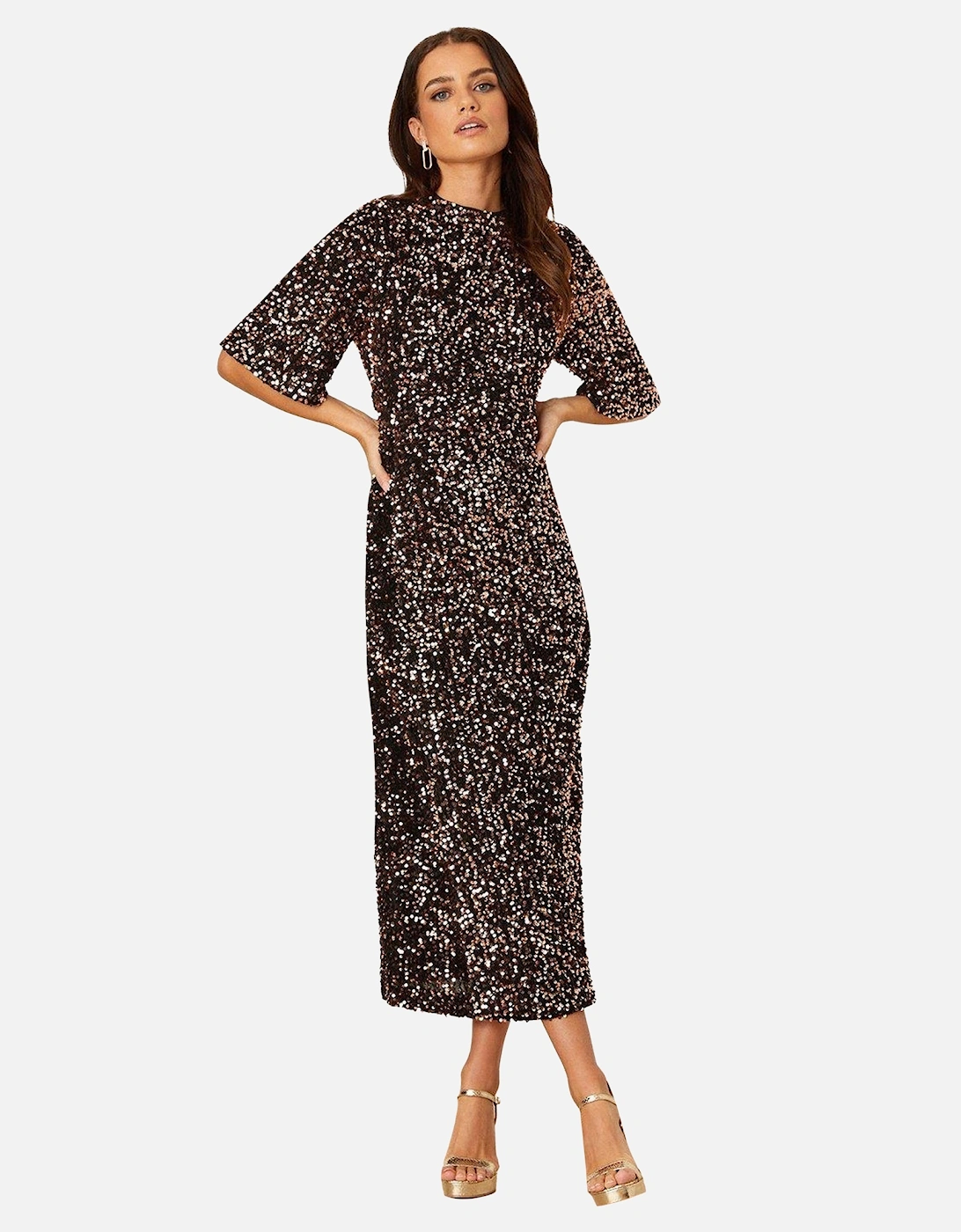 Womens/Ladies Sequins Velvet Wrap Petite Midi Dress, 4 of 3