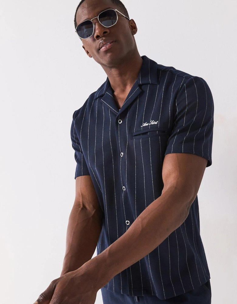Short Sleeve Regular Fit Pin Stripe Shirt - Navy