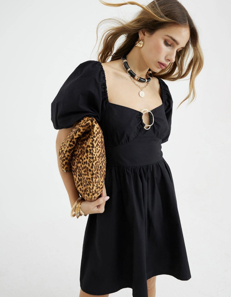 Short Sleeve Poplin Trim Detail Mini Dress - Black