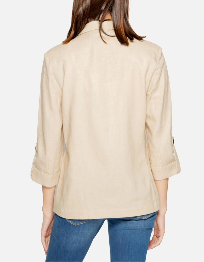 Beige Linen-Blend Blazer with 3/4 Sleeves and Front Pockets Women
