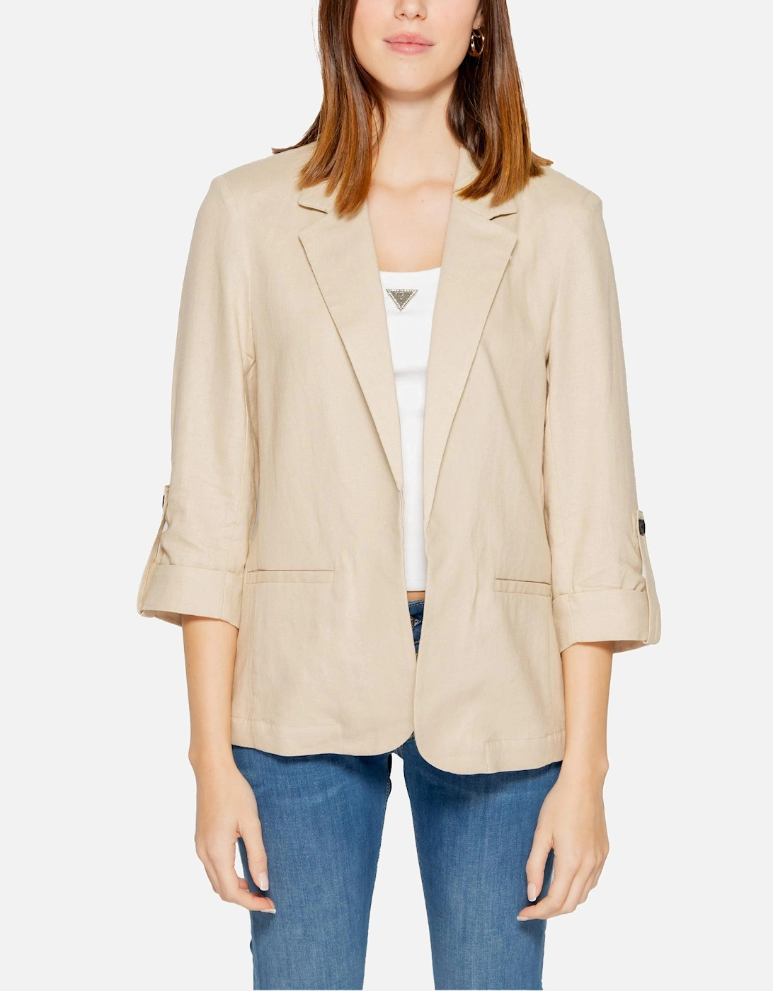 Beige Linen-Blend Blazer with 3/4 Sleeves and Front Pockets Women, 4 of 3
