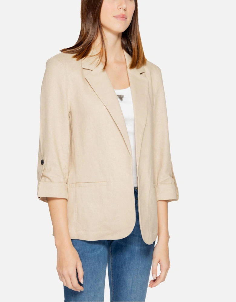 Beige Linen-Blend Blazer with 3/4 Sleeves and Front Pockets Women