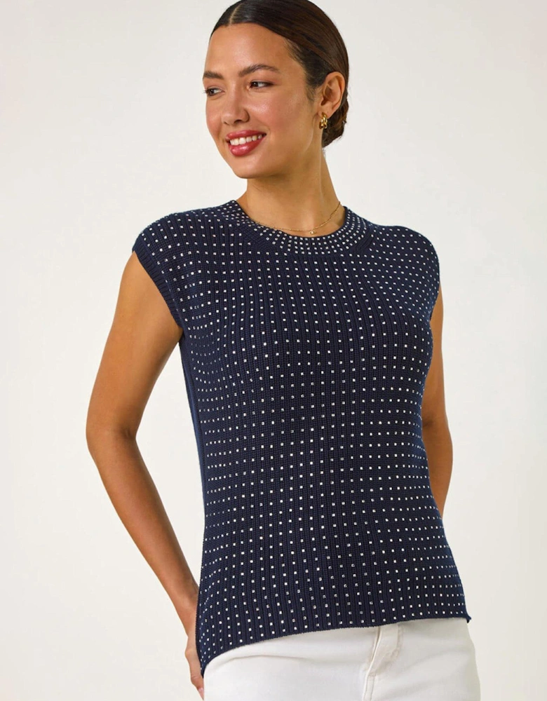Embellished Short Sleeve Knit Top - Navy