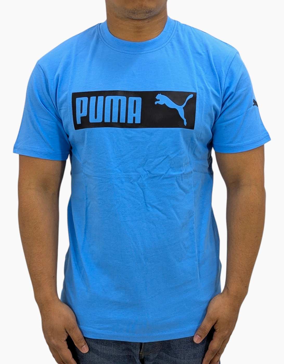 Puma Men's Blue Essentials Logo T Shirts Crew Neck Pullover Casual Cotton Sports Tee - Size: 36