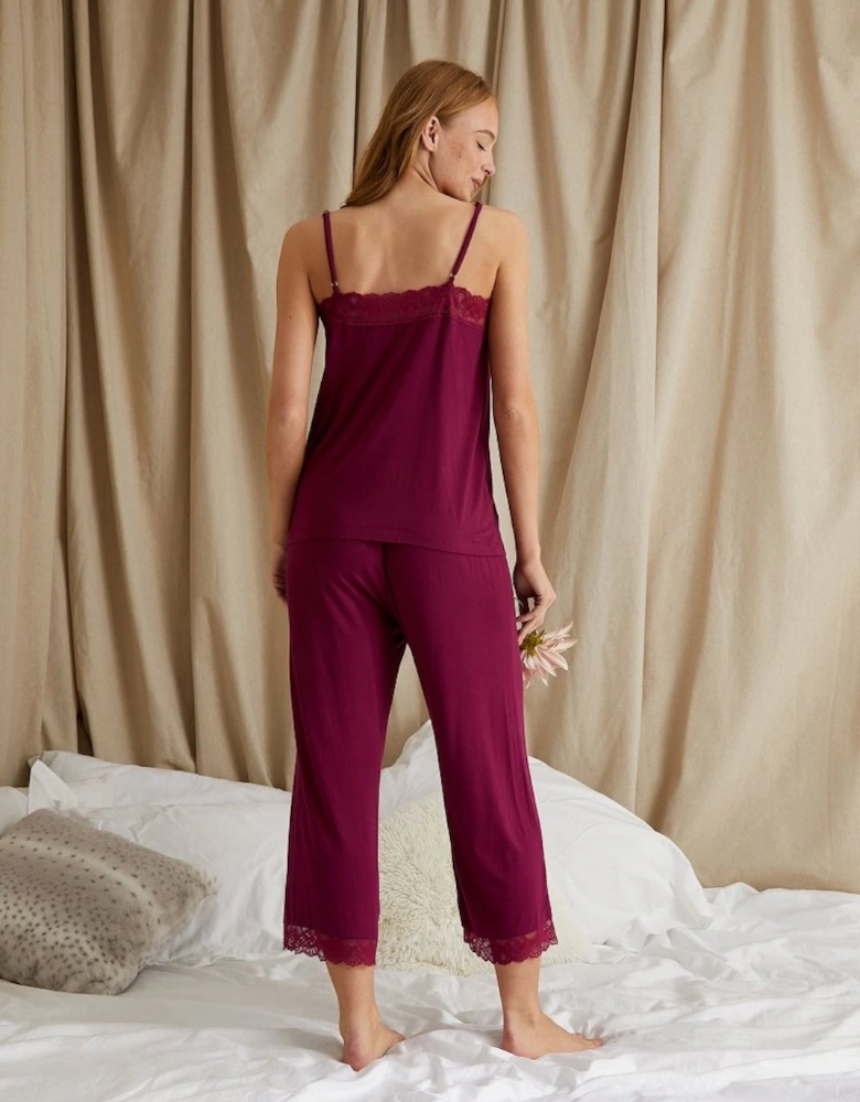 Bamboo Lace Cami Cropped Trouser Pyjama Set in Bordeaux