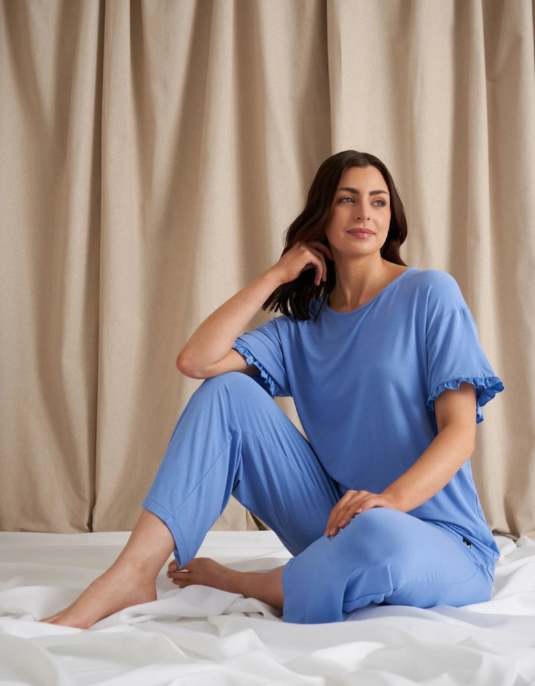 Bamboo Frill Tee Trouser Set in Cornflower Blue