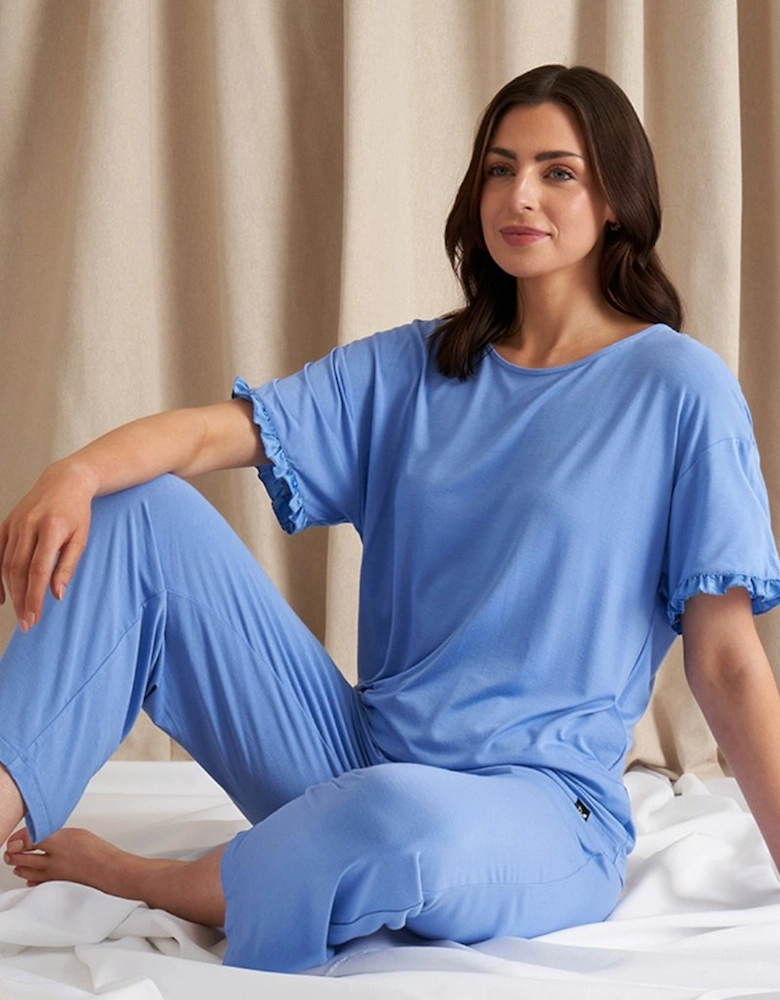 Bamboo Frill Tee Trouser Set in Cornflower Blue