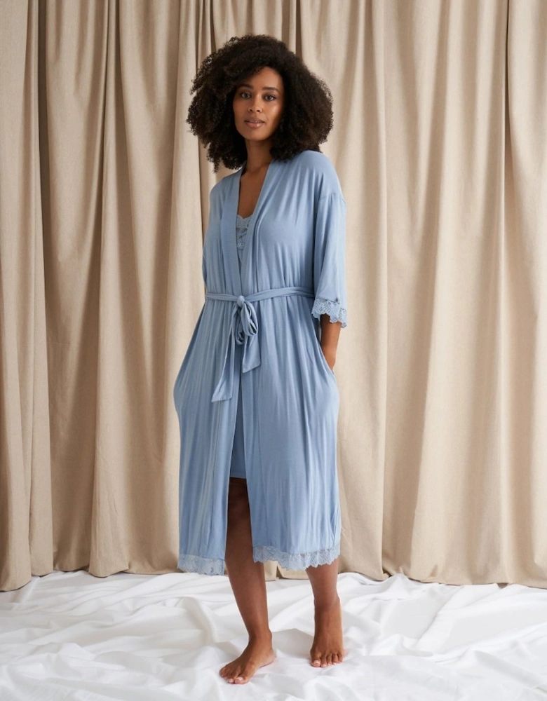 Bamboo Lace Kimono Robe in Blue Mist