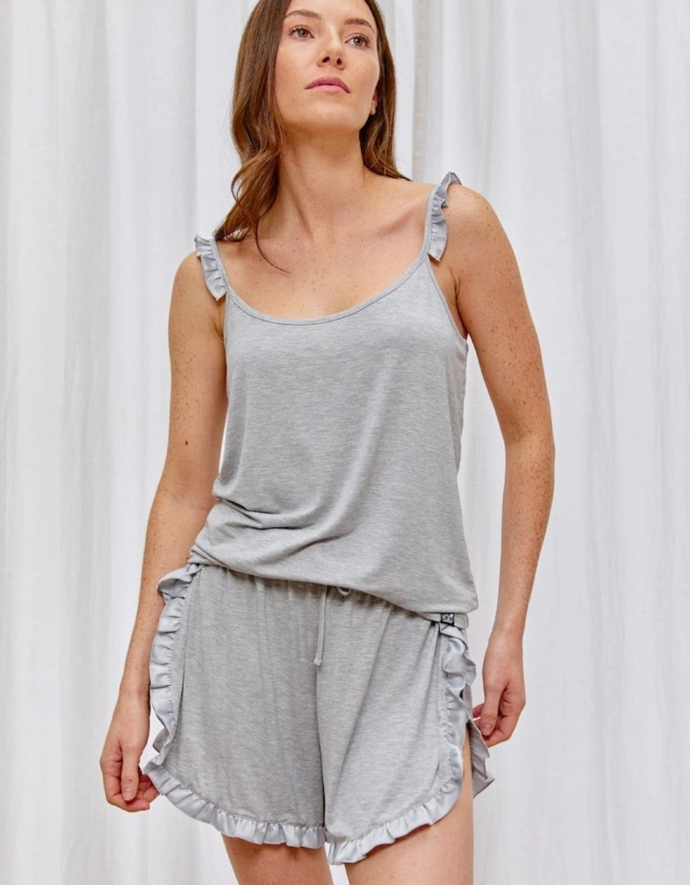 Bamboo Frill Cami Short Pyjama Set in Grey Marl