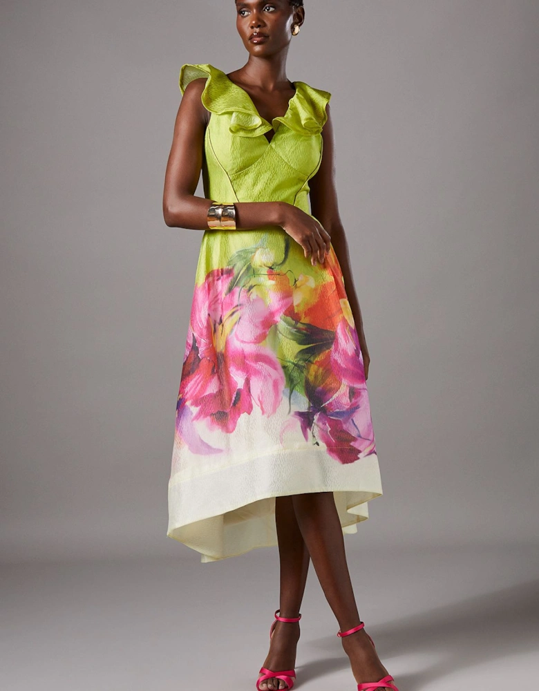 Printed Ruffle Neck Fit And Flare Dress