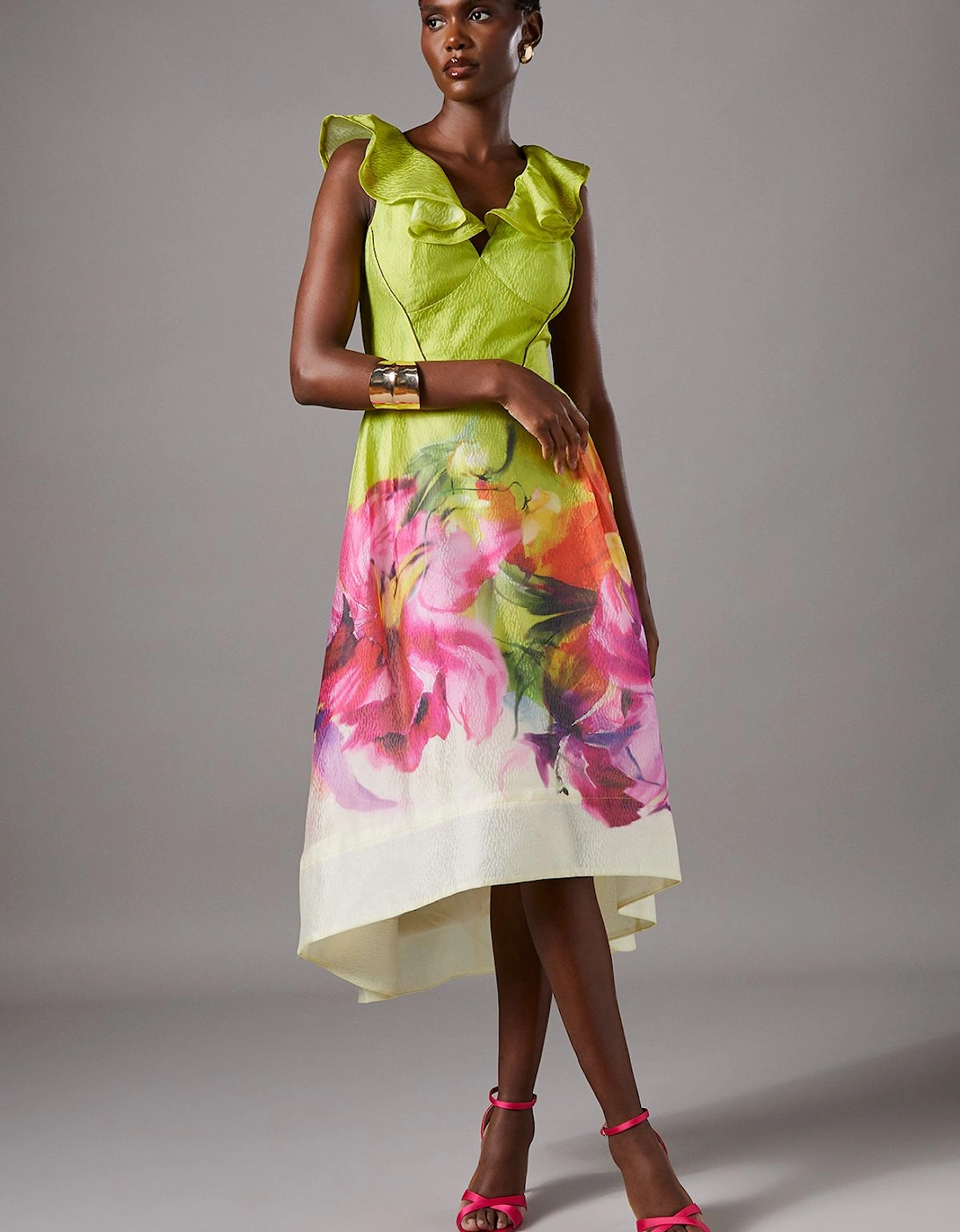 Printed Ruffle Neck Fit And Flare Dress, 2 of 1