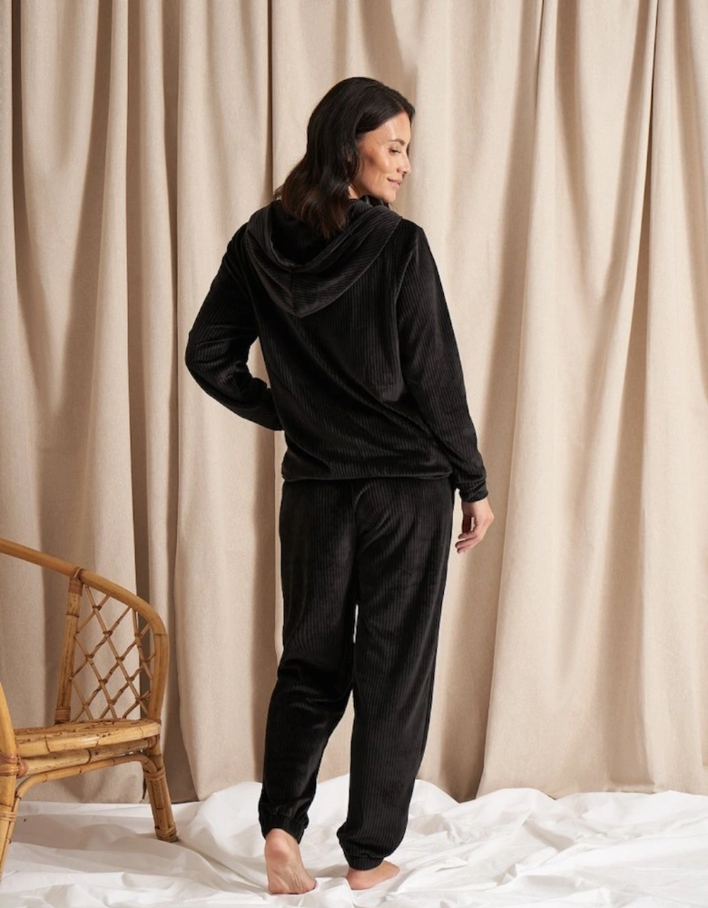 Velour Hoody Jogger Set in Black