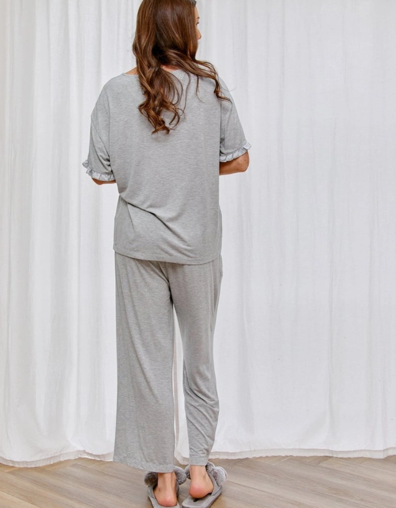 Bamboo Frill Tee Trouser Set in Grey Marl