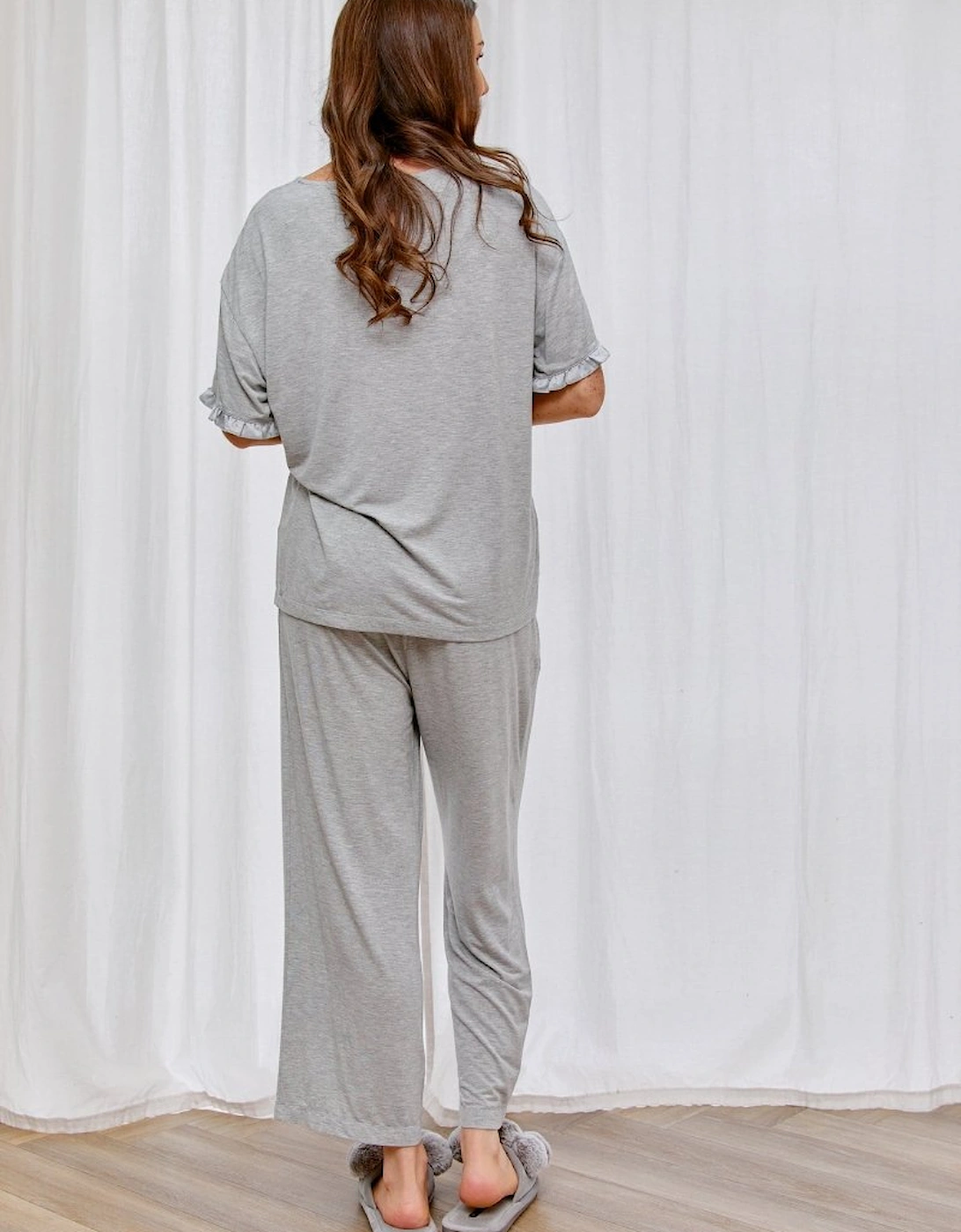 Bamboo Frill Tee Trouser Set in Grey Marl