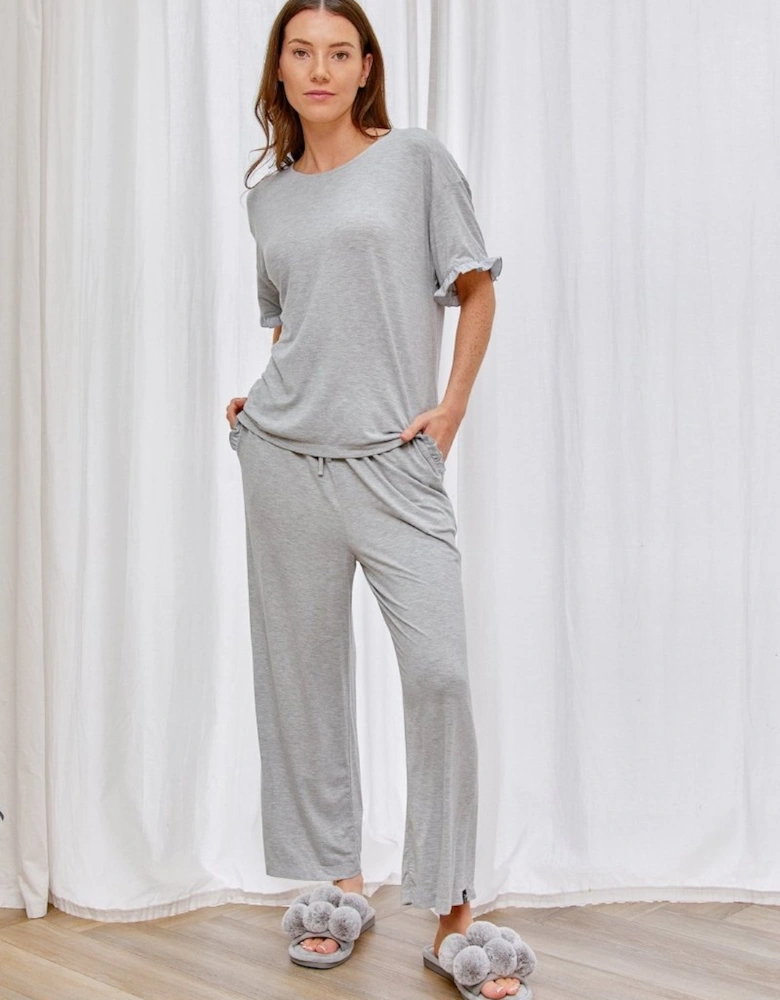 Bamboo Frill Tee Trouser Set in Grey Marl