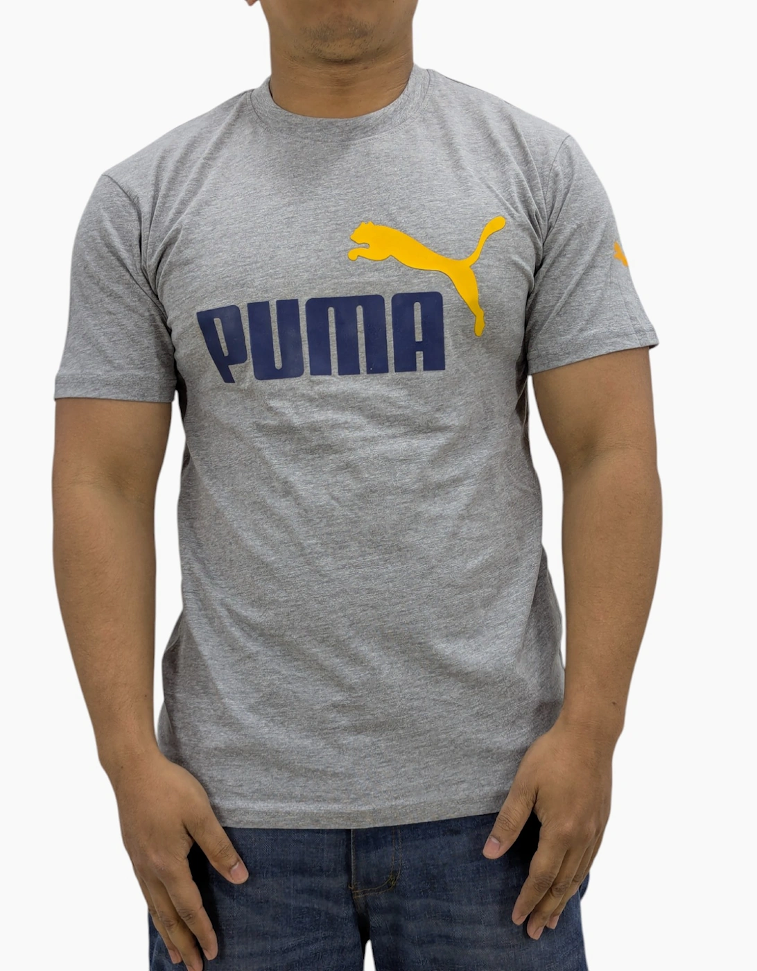 Puma Men's Grey T Shirt Essentials Logo Crew Neck Pullover Short Sleeve Casual Cotton - Size: 36