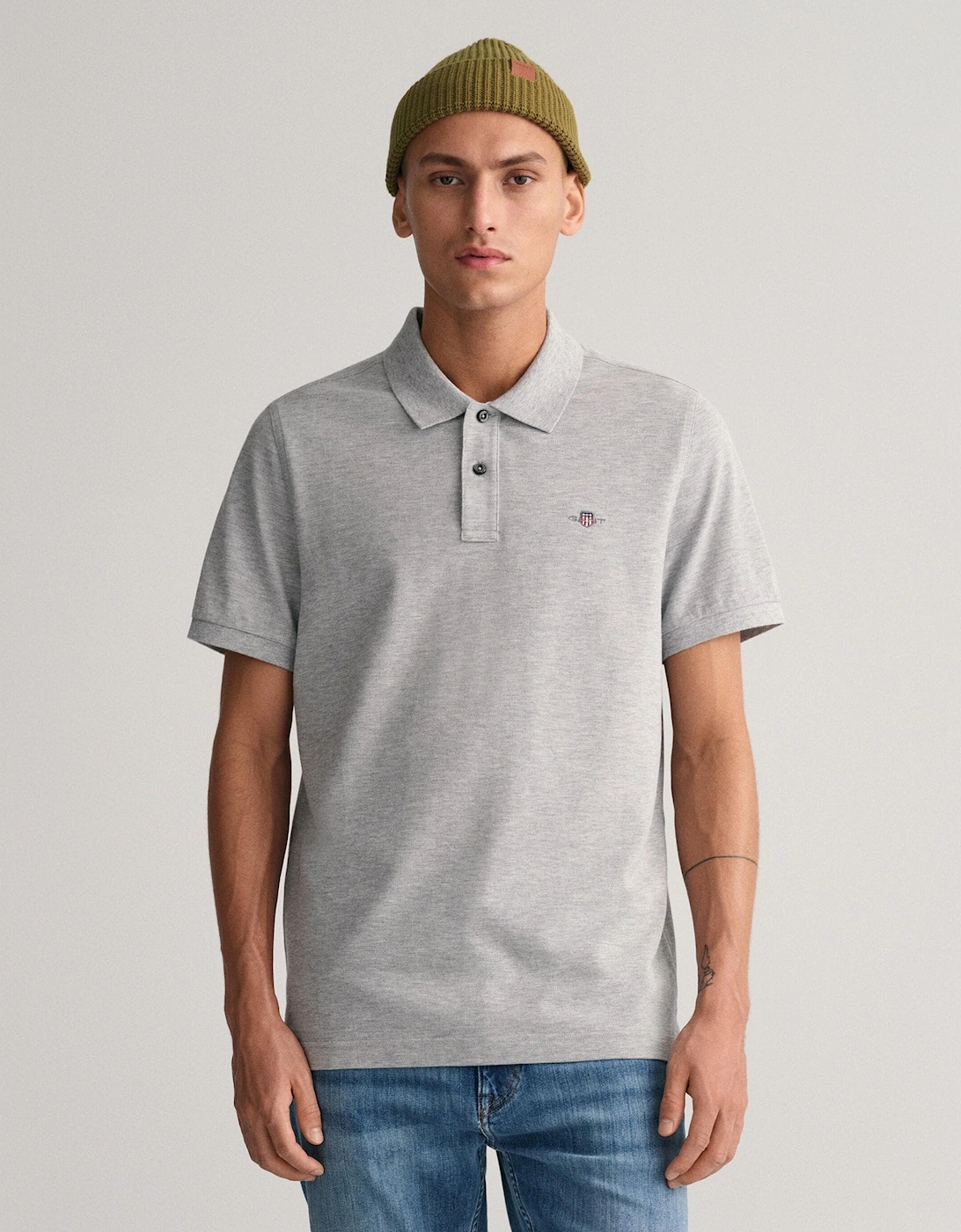 Gant Men's Grey Regular Fit Short Sleeve Shield Logo Pique Polo Nos - 93 Melange  46/Regular Xxxl