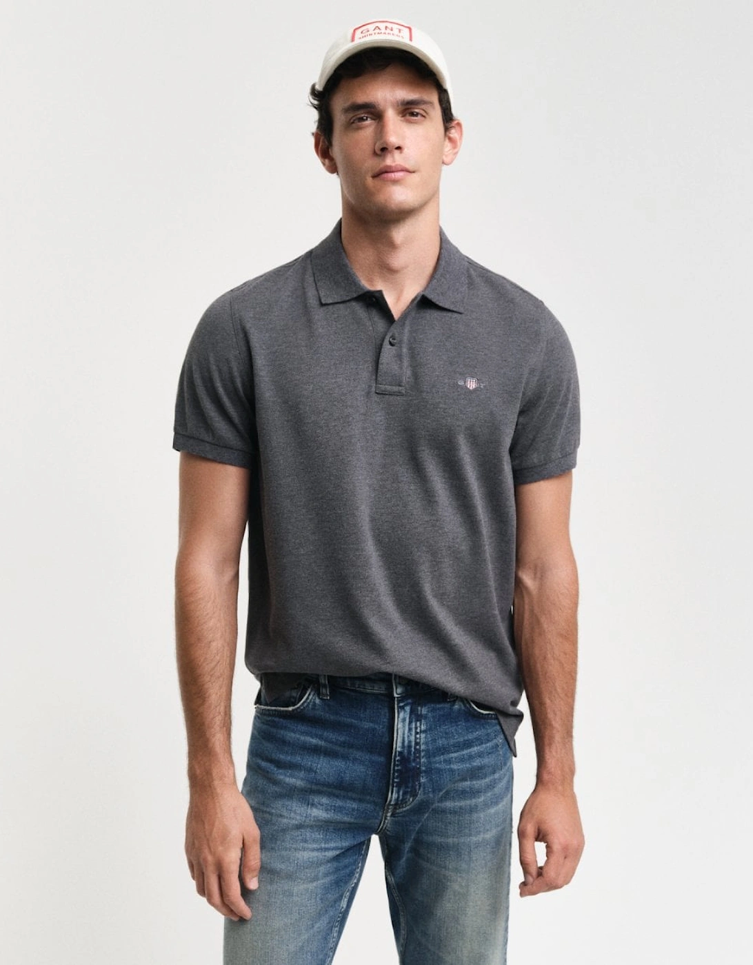 Gant Men's Grey Regular Fit Short Sleeve Shield Logo Pique Polo - - : 42/Regular Xl