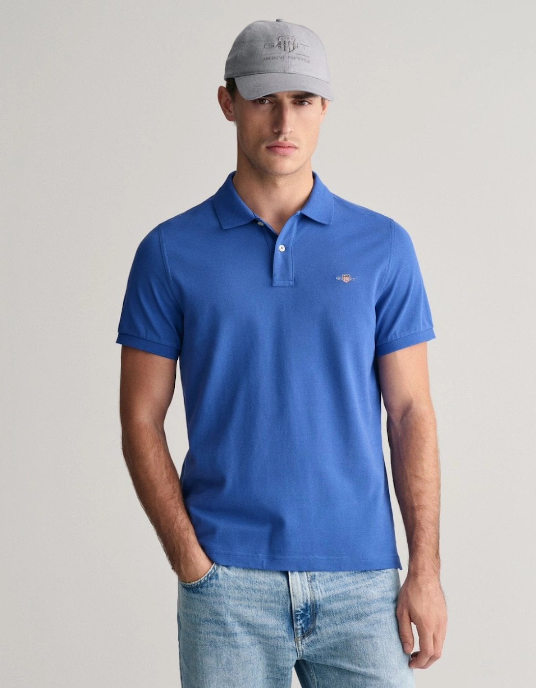 Gant Men's Blue Regular Fit Short Sleeve Shield Logo Pique Polo - - : 42/Regular Xl