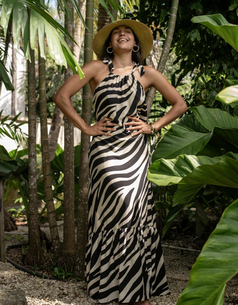Mono Zebra Print Tie Shoulder Maxi Dress