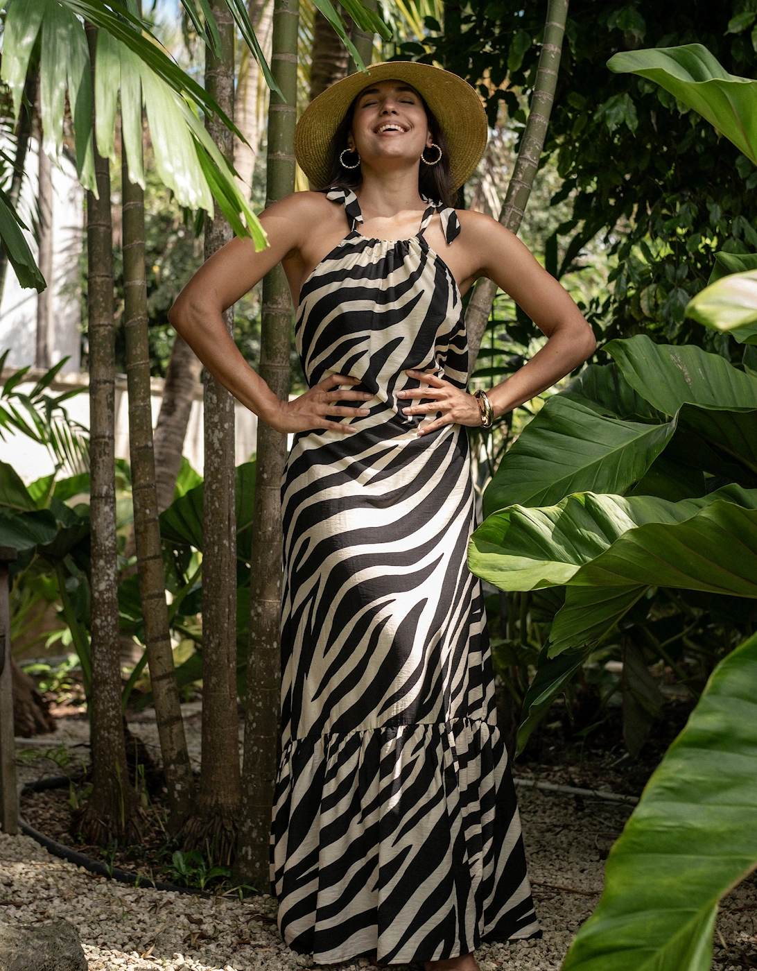 Gini London Gini London Women's Mono Zebra Print Tie Shoulder Maxi Dress
