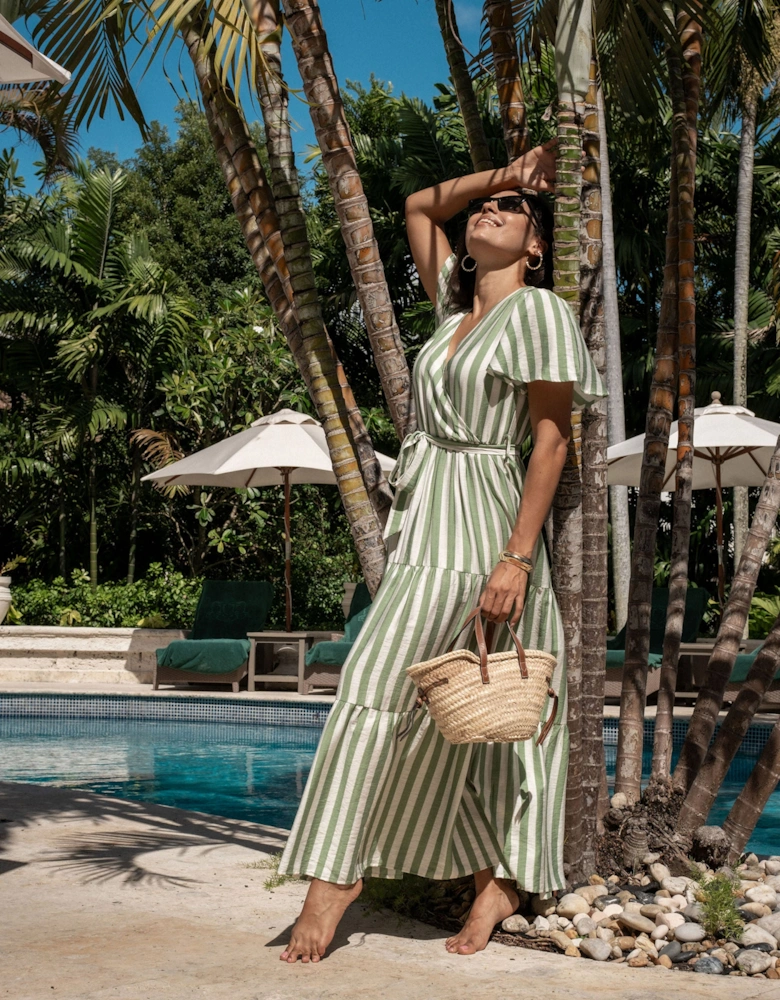 Sage Green Stripe Wrap Belted Viscose Midi Dress
