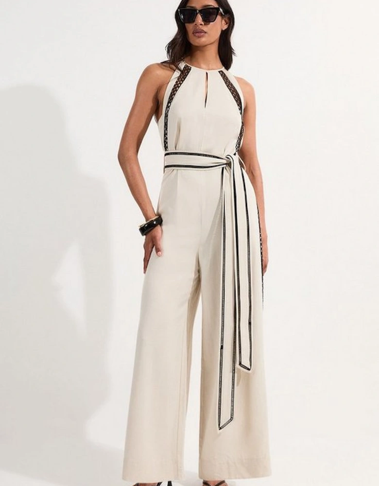 Lace Trim Insert Linen Woven Jumpsuit
