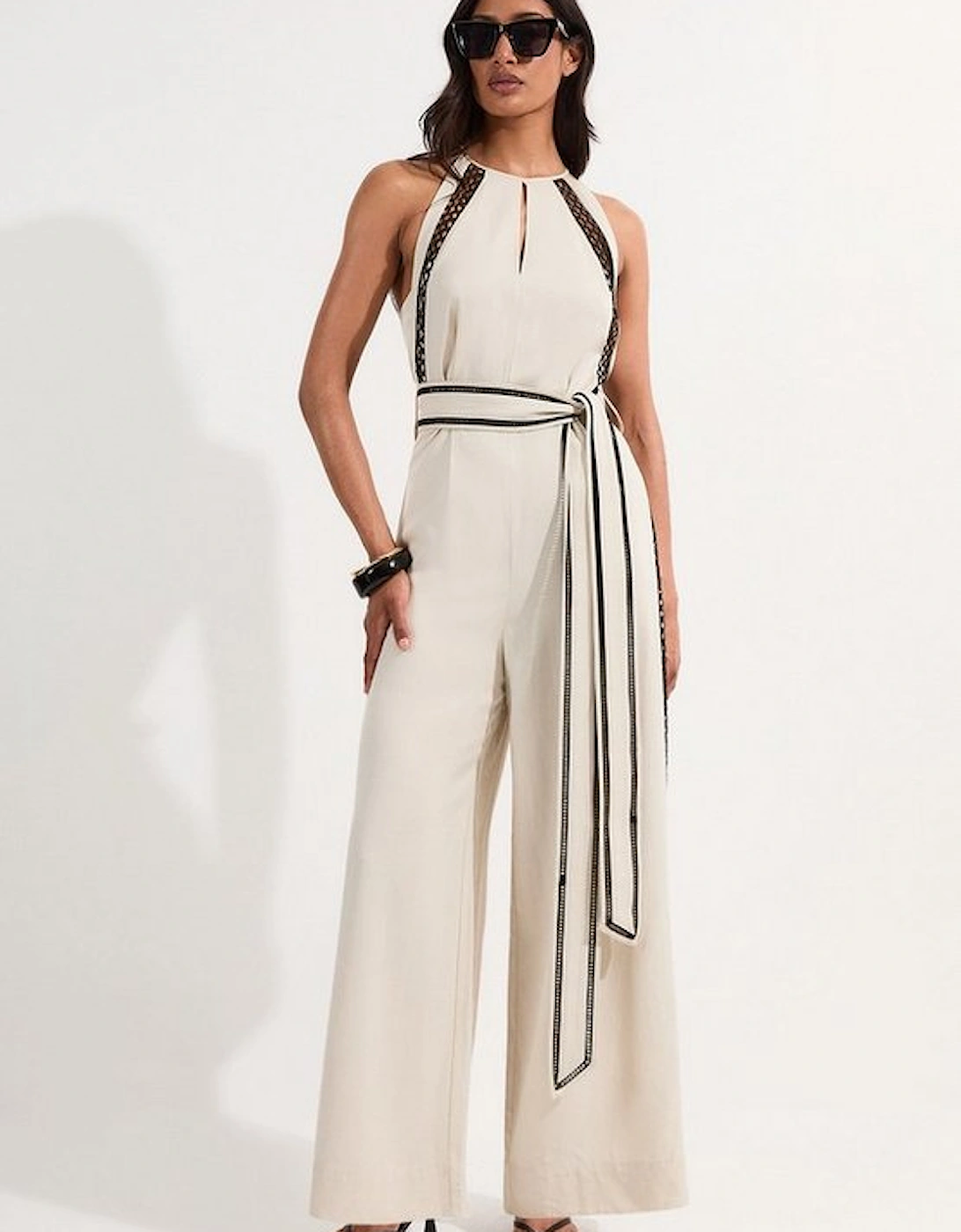 Lace Trim Insert Linen Woven Jumpsuit, 5 of 4
