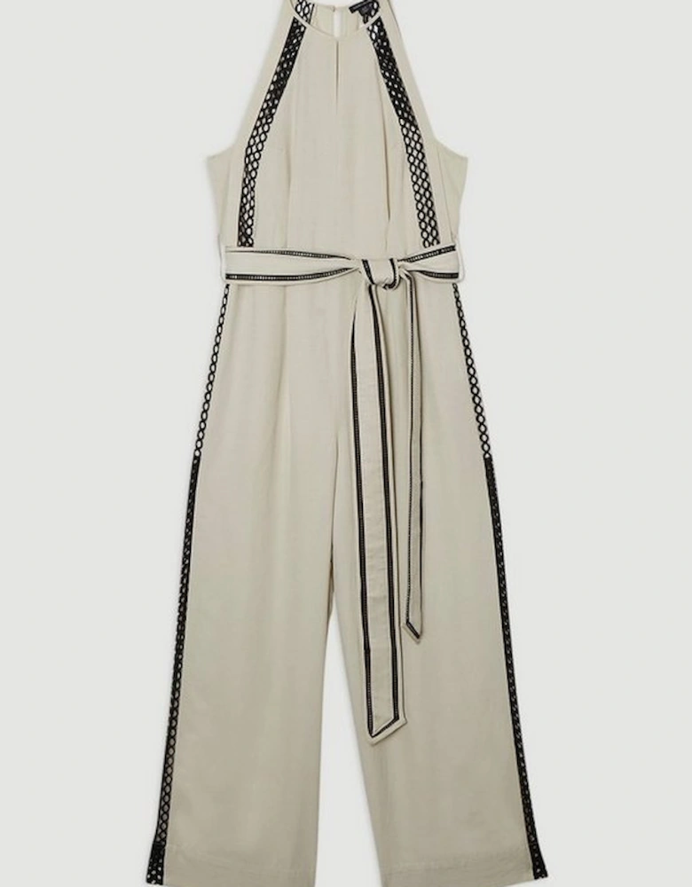 Lace Trim Insert Linen Woven Jumpsuit
