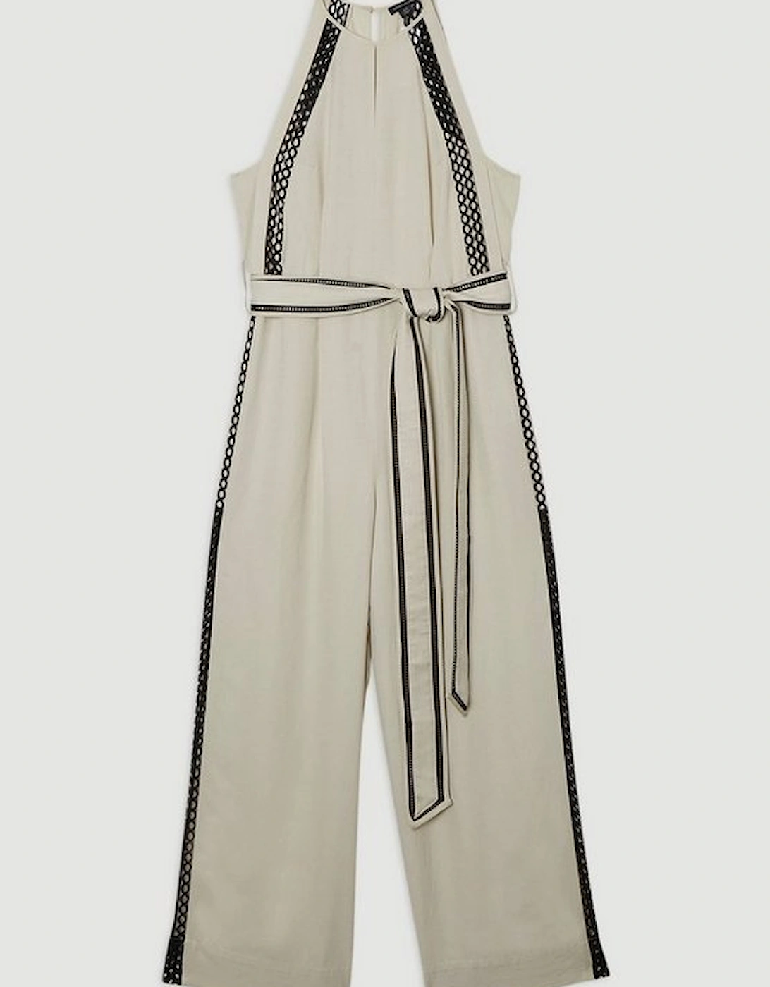 Lace Trim Insert Linen Woven Jumpsuit
