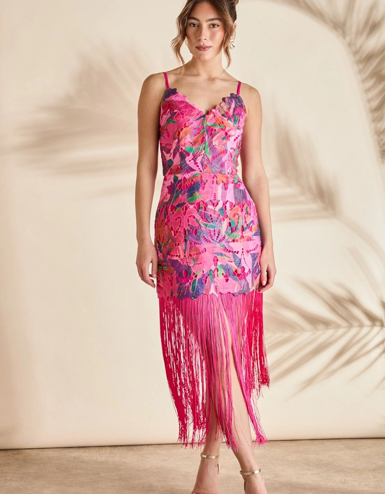 Printed Lace Fringe Midi Holiday Dress