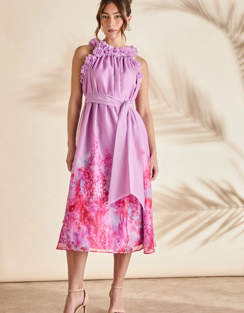 Floral Edge Printed Trapeze Midi Holiday Dress